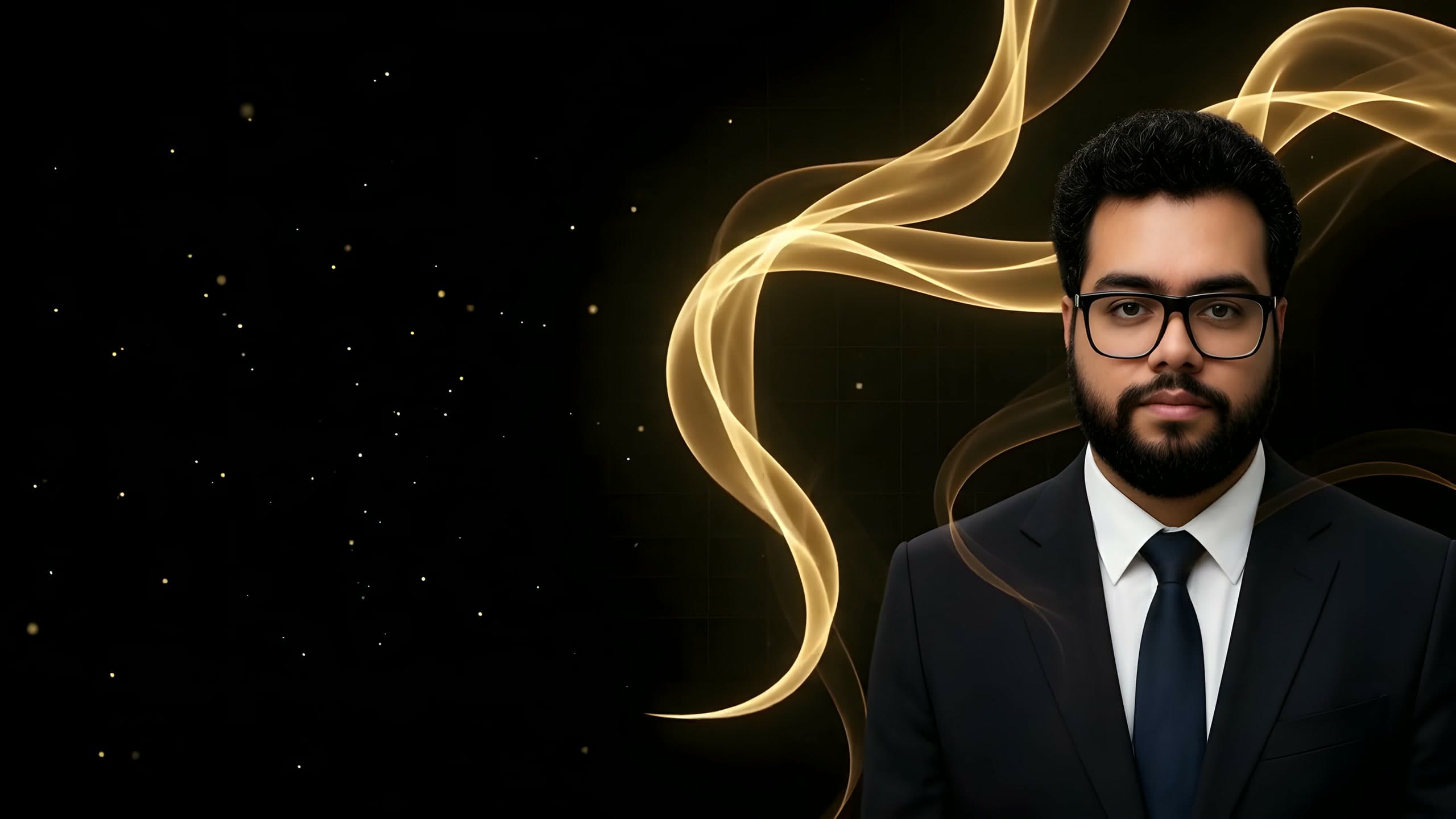 Rohan Ahmed surrounded by flowing amber silk ribbons